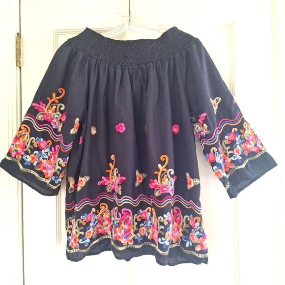 Colorful Bright Embroidered Cotton Blouse Top Smocked Off Shoulder Black XXL 2X - Picture 14 of 14